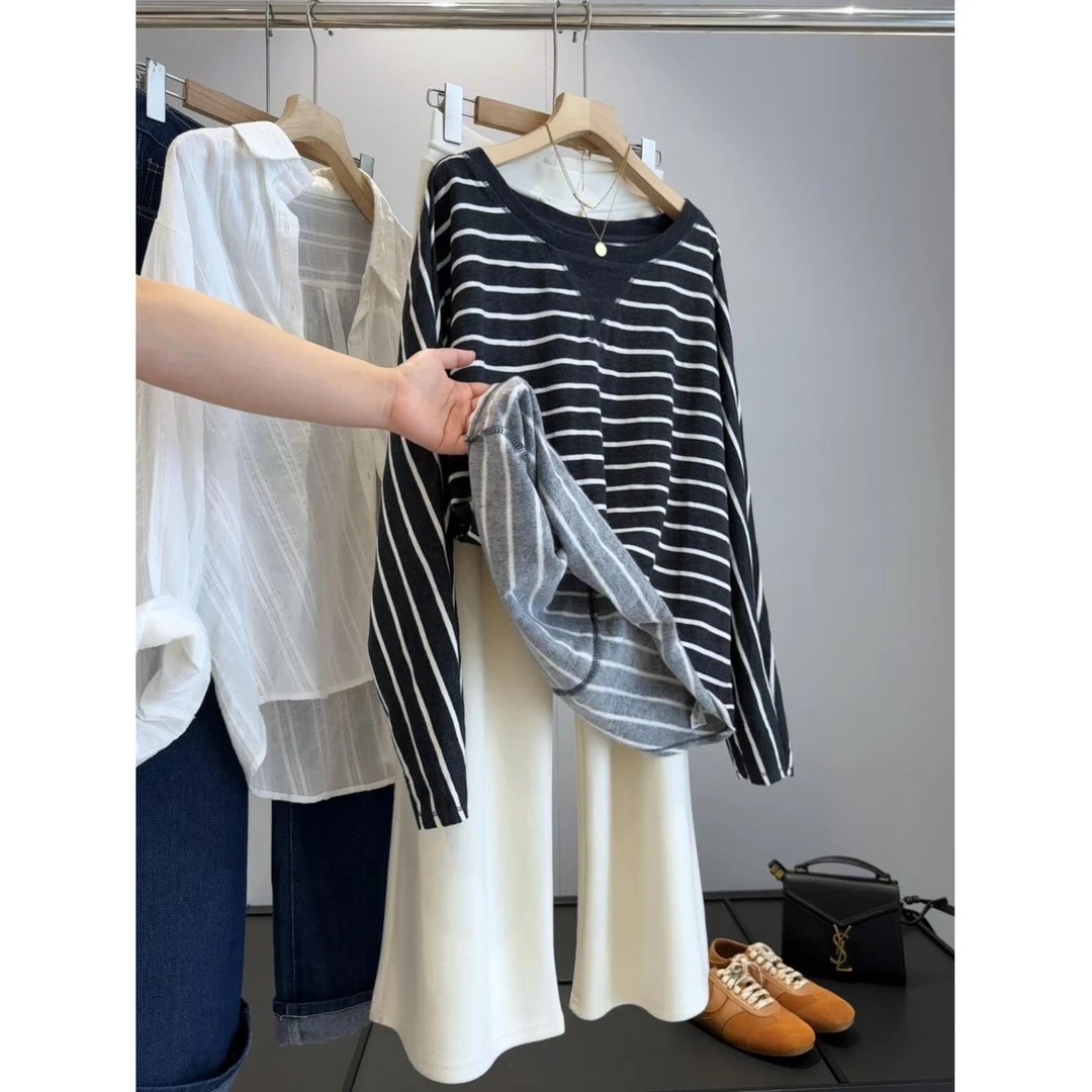 韩系圆领宽松慵懒风条纹长袖T恤休闲百搭上衣