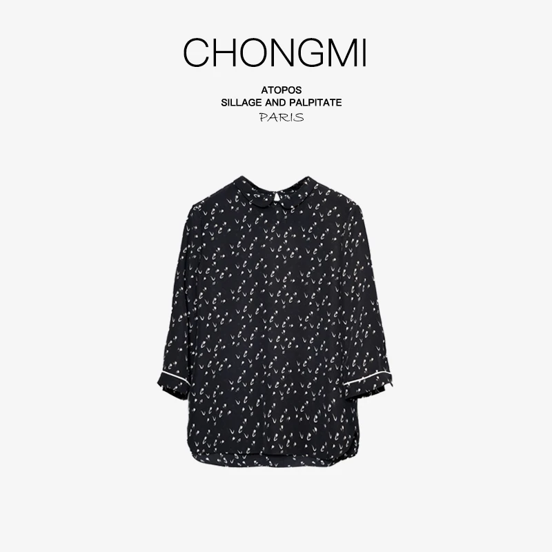 【双绉真丝】黑色桑蚕丝衬衫女士2025夏季新款印花时尚气质上衣P