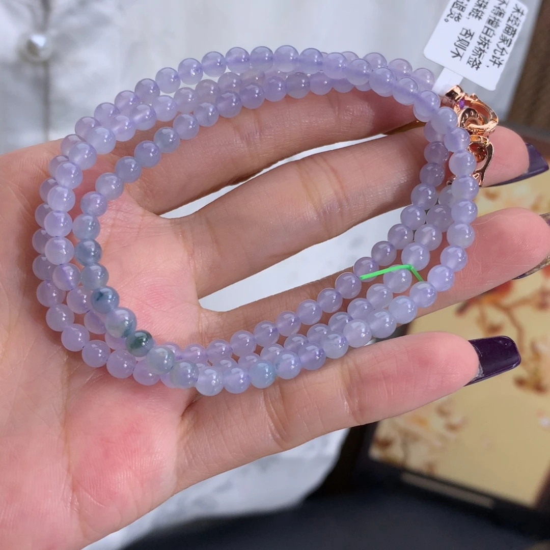 翡翠未镶嵌手串卡4.6冰胶淡淡紫飘花项链