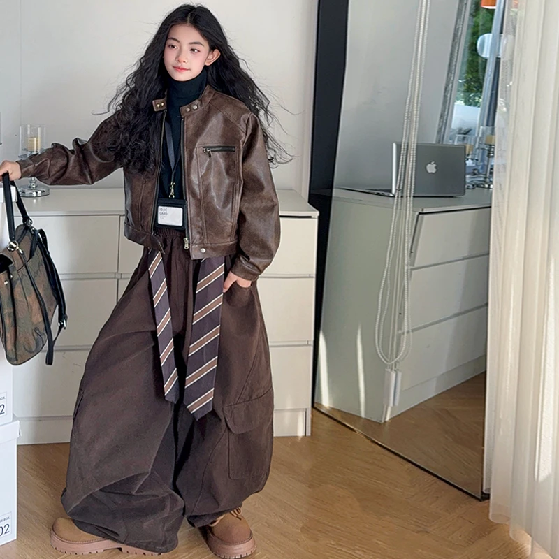 【酷哒仔】女童琥珀流光皮衣外套2025秋冬装中大童机车风潮酷范皮衣