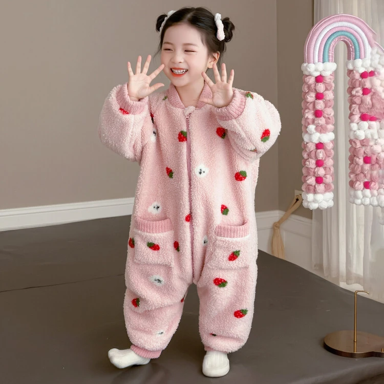 儿童连体睡衣女童秋冬装2025新款小女孩宝宝法兰绒家居服加厚爬服