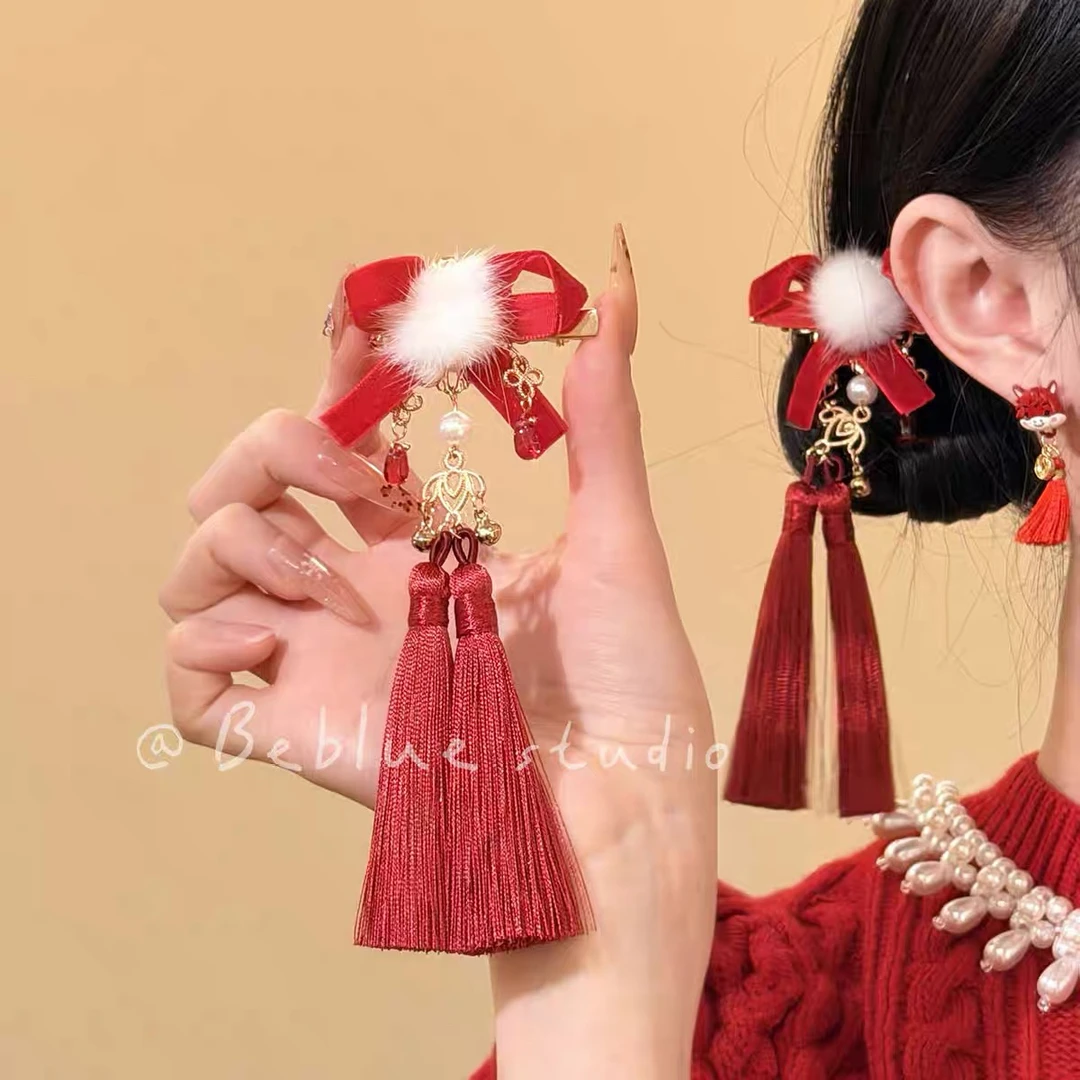 新中式红色蝴蝶结飘带流苏发夹女古风汉头饰新年发饰