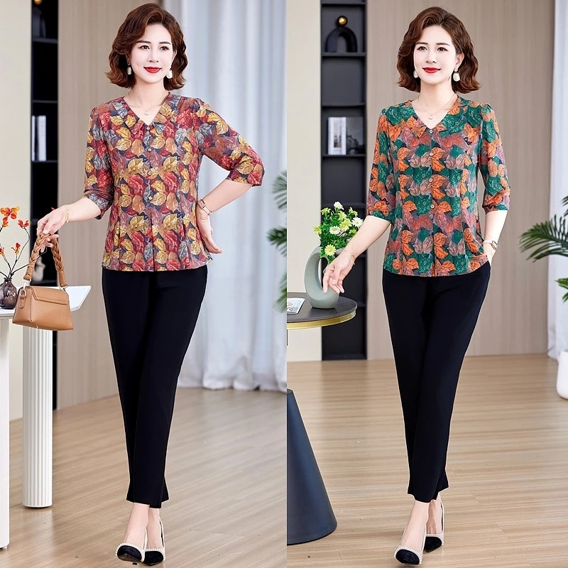 （上衣+裤子）春夏新款中老年女装宽松显瘦洋气七分袖妈妈装