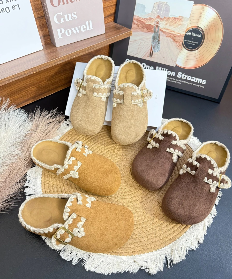 【乐芙兰】反绒休闲风勃肯鞋松糕底包头平底包头拖时尚软底秋冬半拖