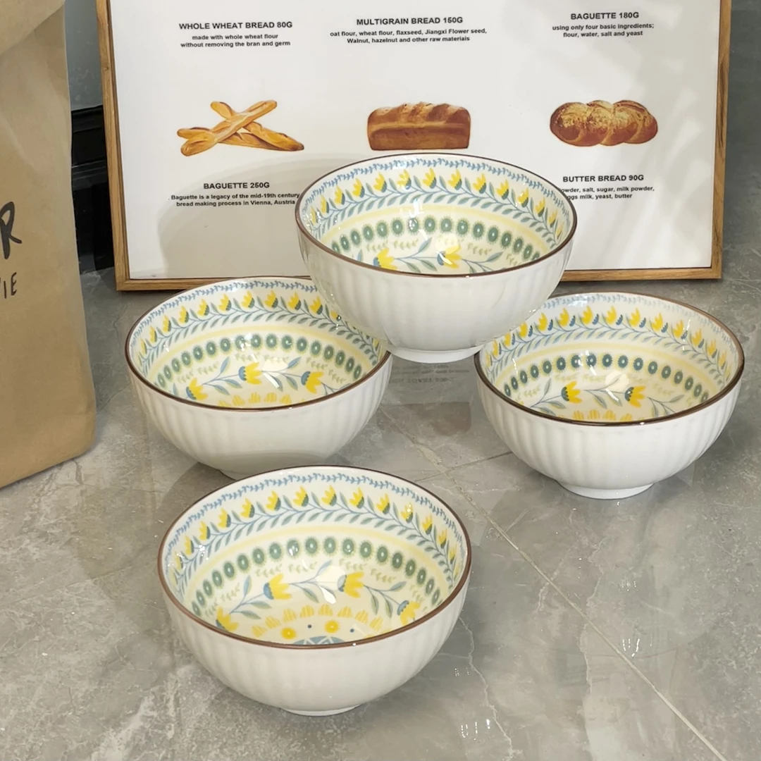 蜜瓜奶绿调米饭碗四个装 4.5英寸日式森系卡通釉下彩