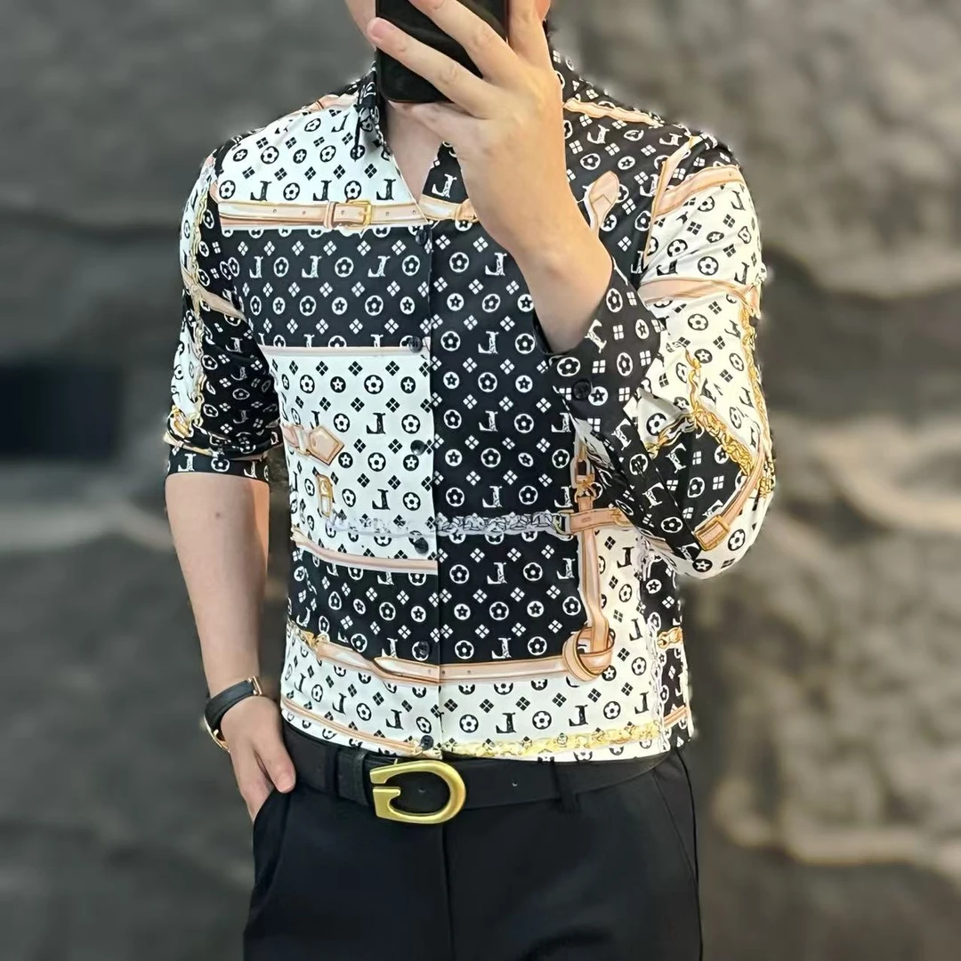 新款高端男士潮流百搭个性字母图案休闲衬衫