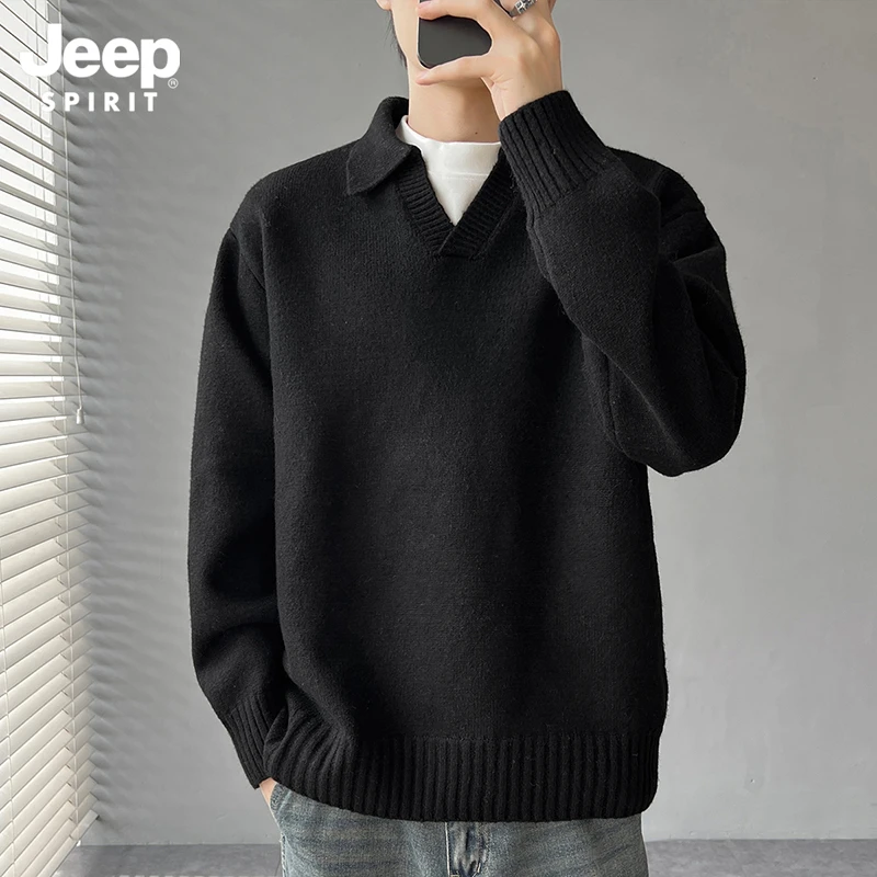 JEEPSPIRIT吉普秋冬季翻领毛衣外套男百搭打底衫休闲宽松针织衫男