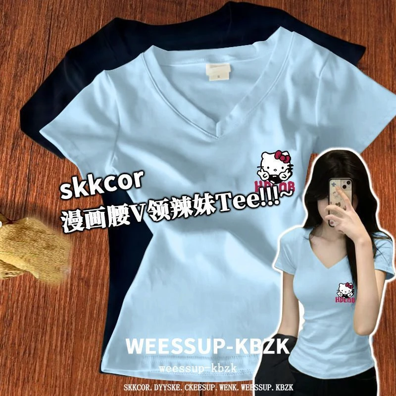 短袖夏季常规外穿休闲风T恤V领学生圆领可爱风修身显瘦辣妹上衣女