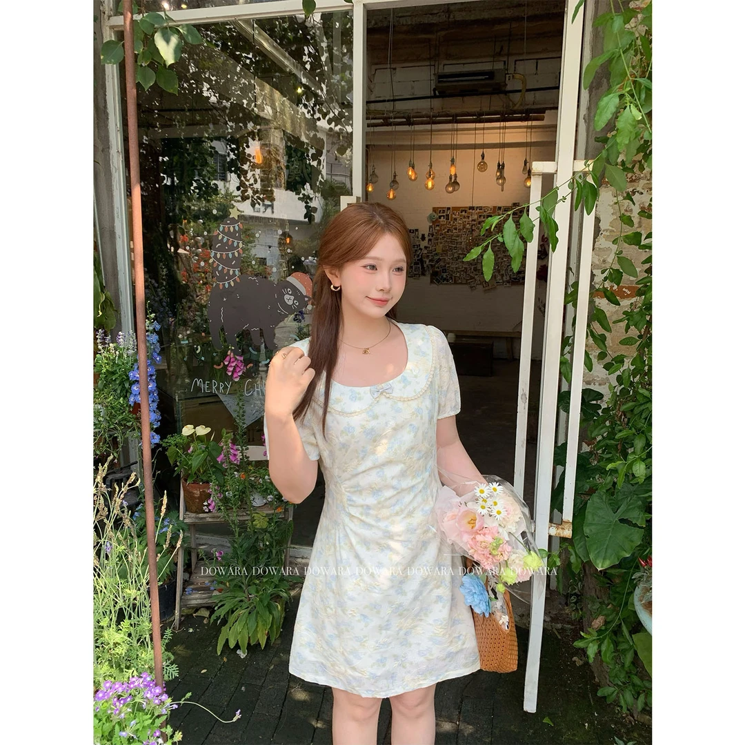 现货8154D大婉酱千千微胖定制韩系刺绣娃娃领连衣裙收腰显瘦A字裙