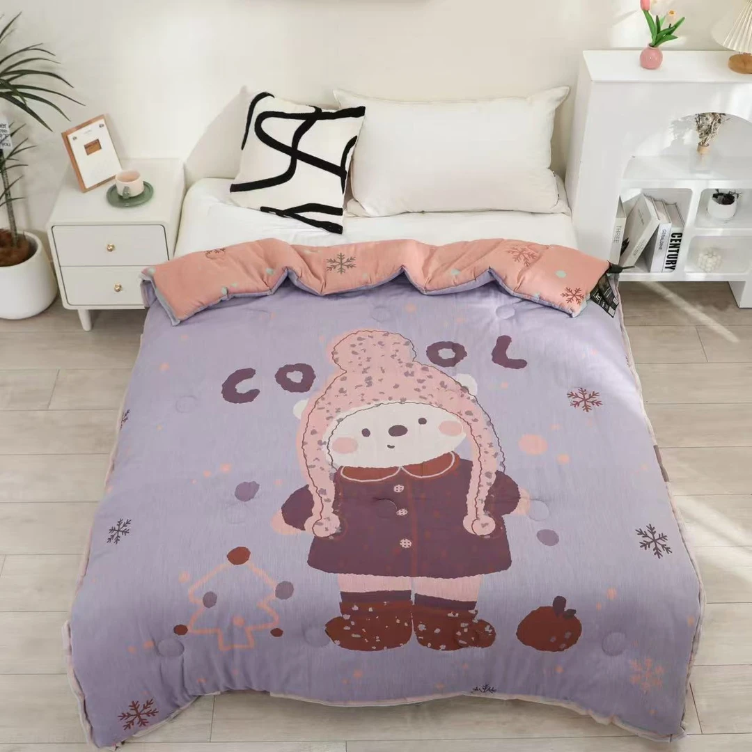 【帽子小熊紫】150*200cm A类全棉纱布双层纱大豆被