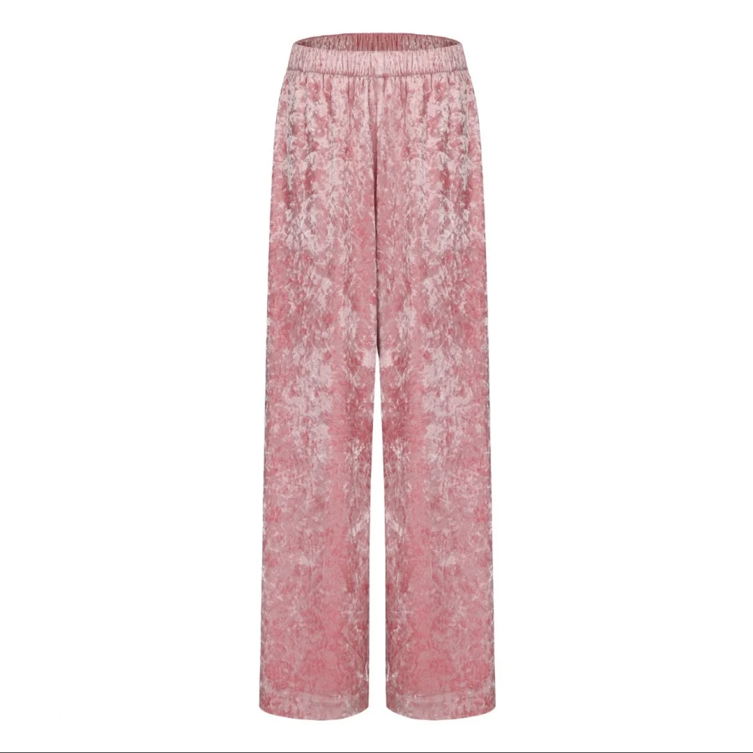 倾城如胭雪花丝绒松紧腰休闲裤