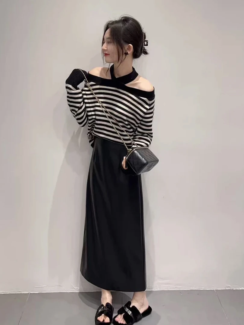 2025秋冬新款韩系气质高级一字肩条纹挂脖长袖上衣半裙女装两件套