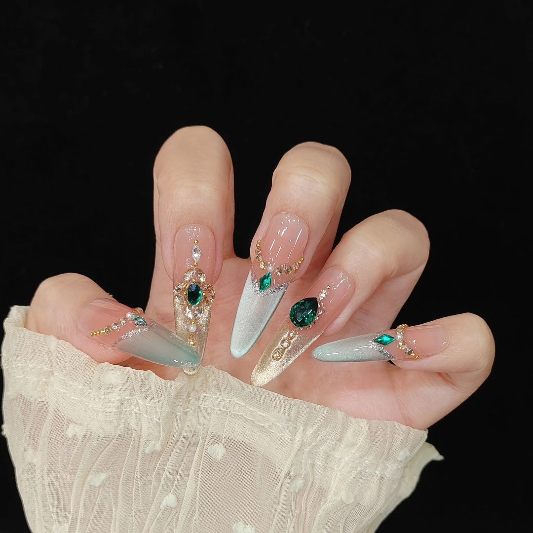 【祖母绿】d纯手工穿戴美甲猫眼光疗立体锆石钻爆闪蹦迪满钻