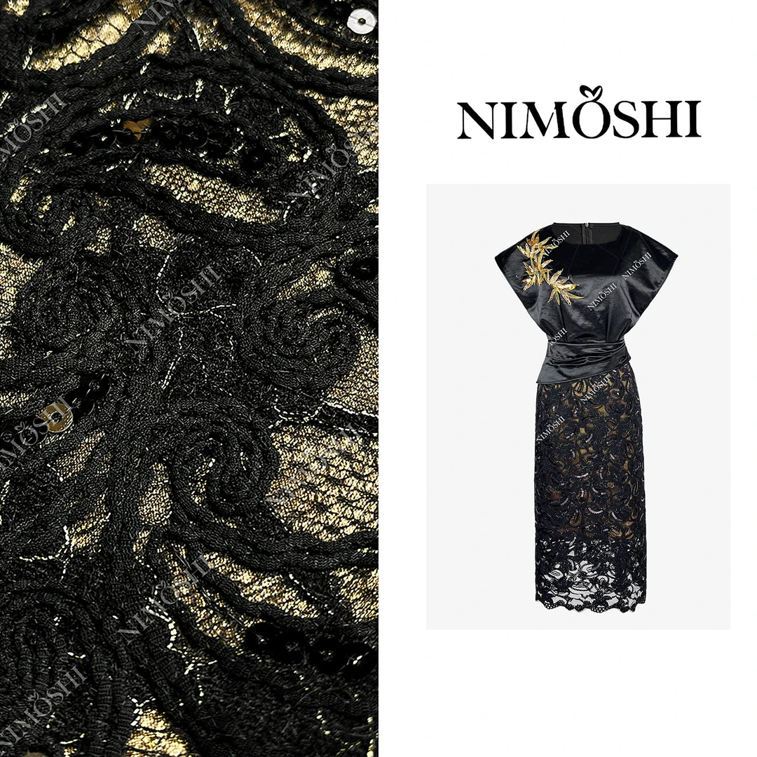 NIMOSHI【南油】夏季轻奢水溶丝拼接蕾丝设计气质显瘦连衣裙Q1948