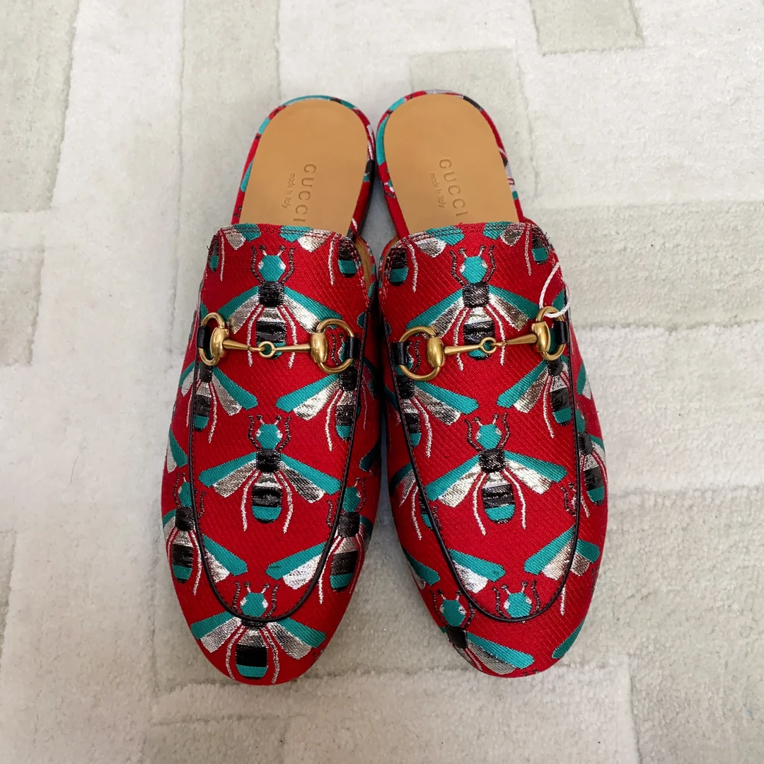 95新 GUCCI/古驰 麦殿/小蜜蜂勃肯拖鞋38码红色/250217SJYHR08