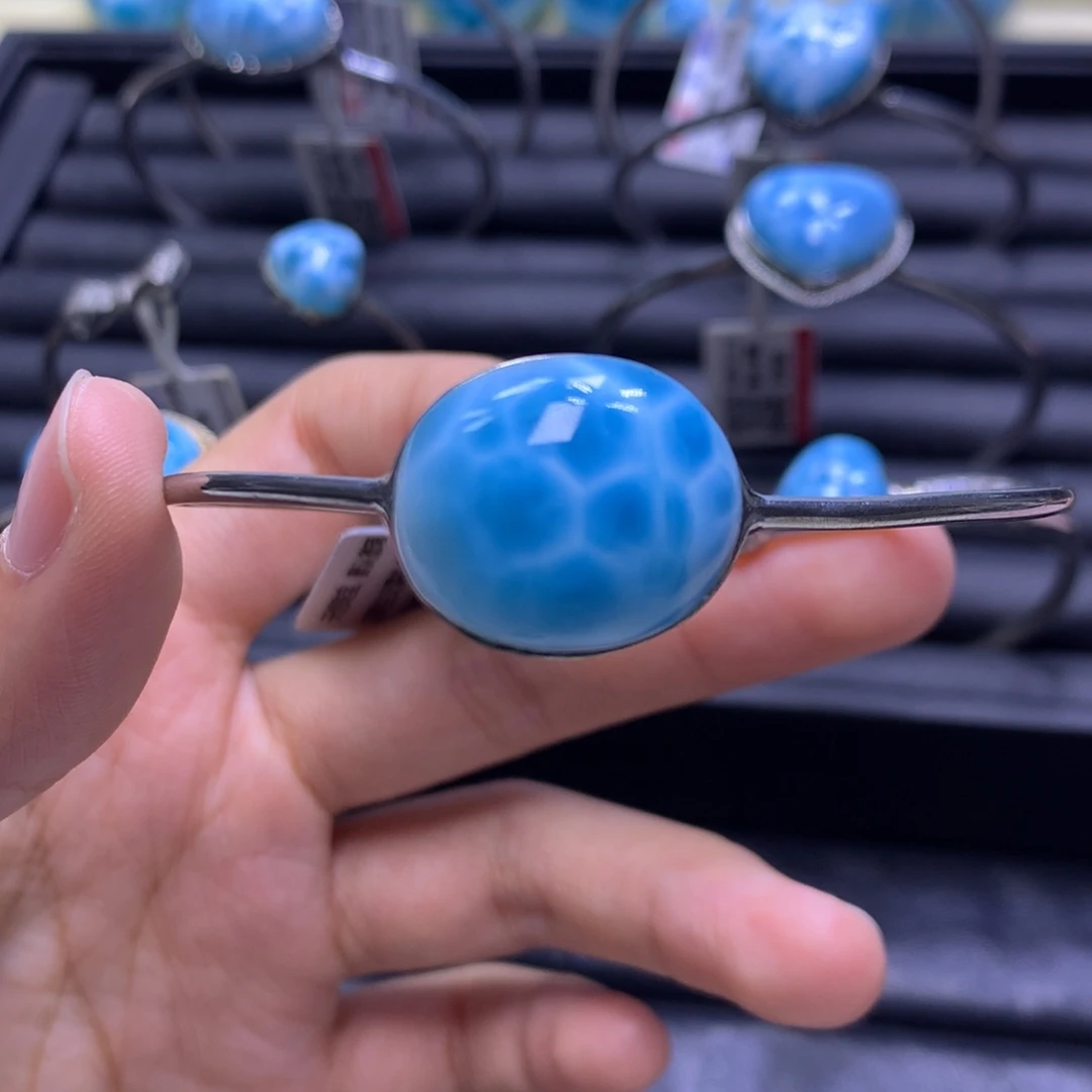 针钠钙石（海纹石）银S925镶嵌手镯（开口镯）蛋面手镯色差略异