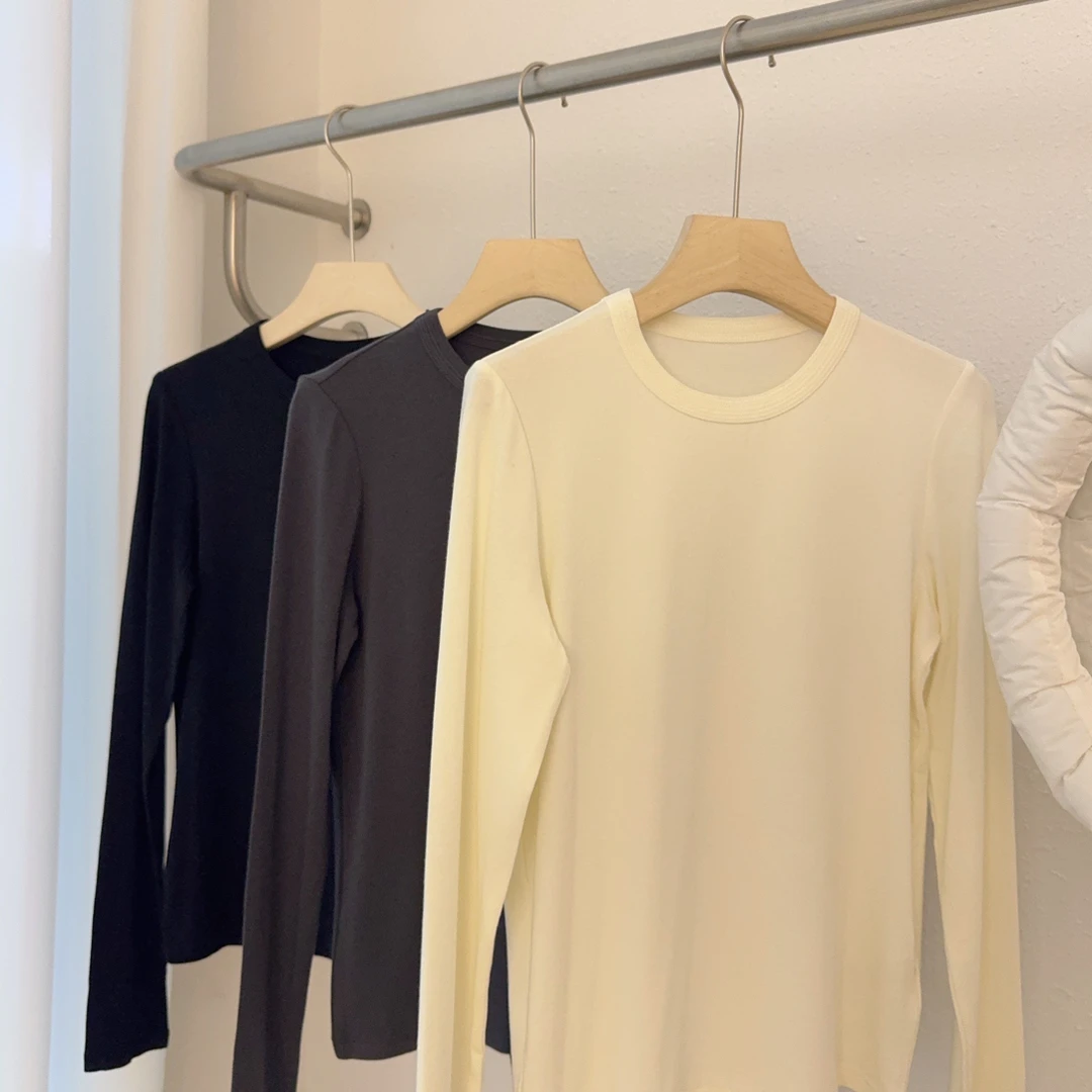 长袖纯色圆领打底女内搭秋冬打底衫秋冬女款纯欲打底