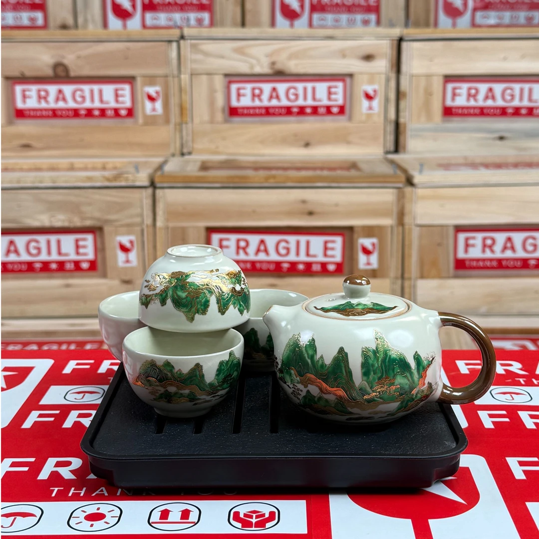 SZ汝窑千里江山西施壶+2个小客杯+密胺方形茶盘蓄水茶盘ZH  4110
