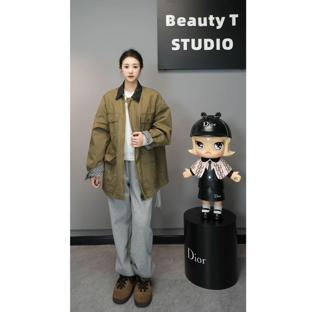 欧2025冬季新款老钱风工装军绿色外套