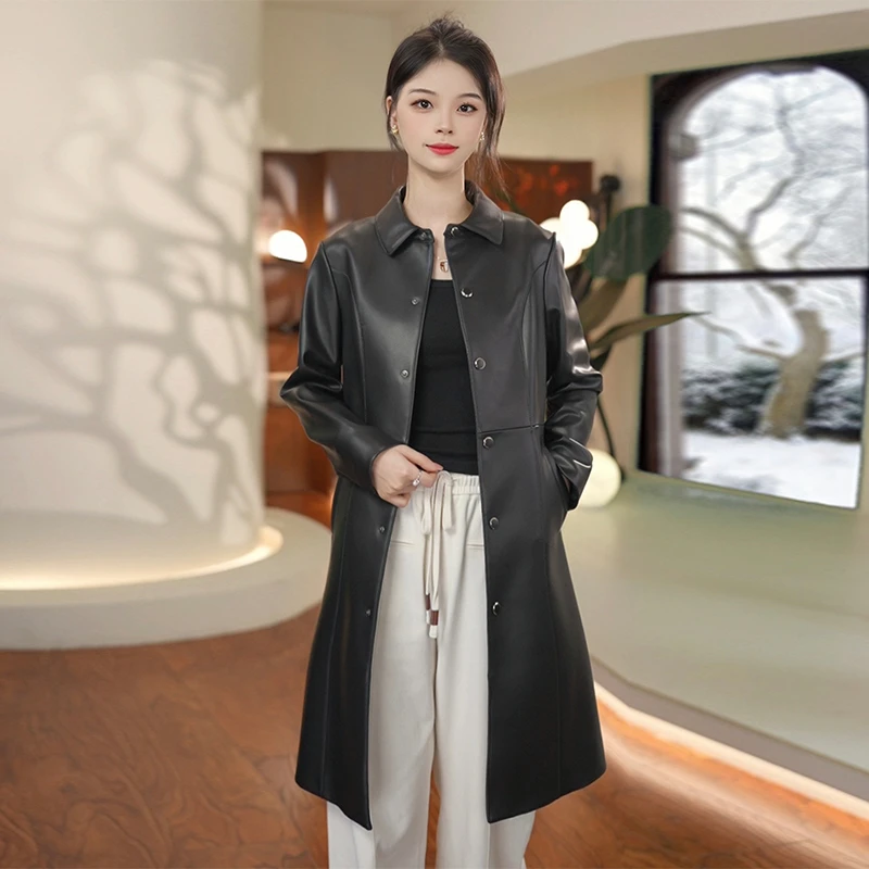 海宁真皮皮衣外套女修身大码中长款风衣23512YJB