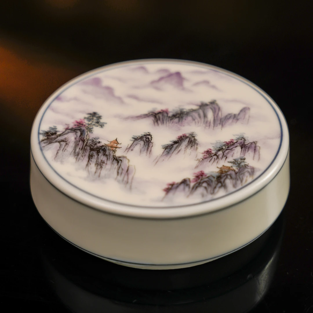 九紫离火紫色山水盖碗盖置-纯手工手绘汝瓷盖碗盖置不开片油润