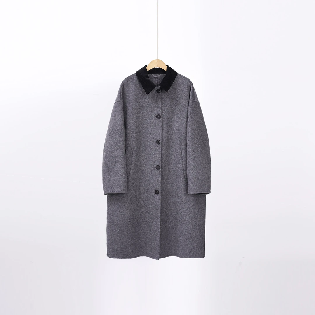 秋冬撞色桑蚕丝羊绒双面呢长款女士大衣（252369）20909