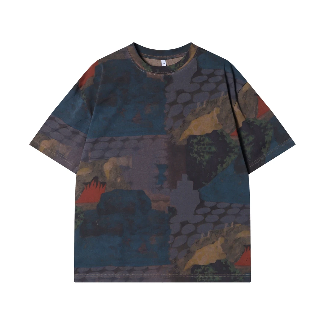 夏季新款时尚个性韩撞色晕染抽象圆领短袖T恤百搭潮流宽松上衣