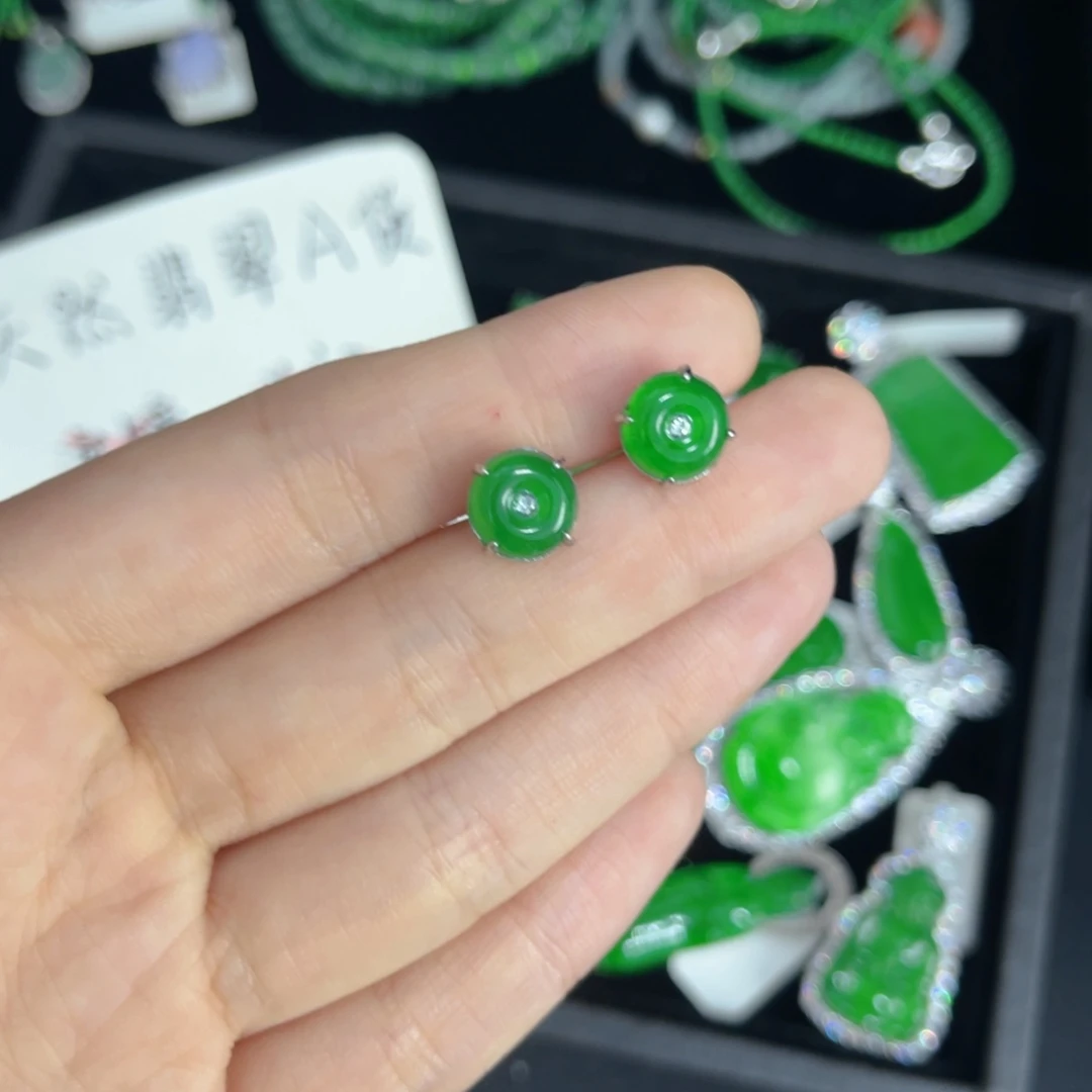 银S925镶嵌戒指翡翠平安扣耳钉