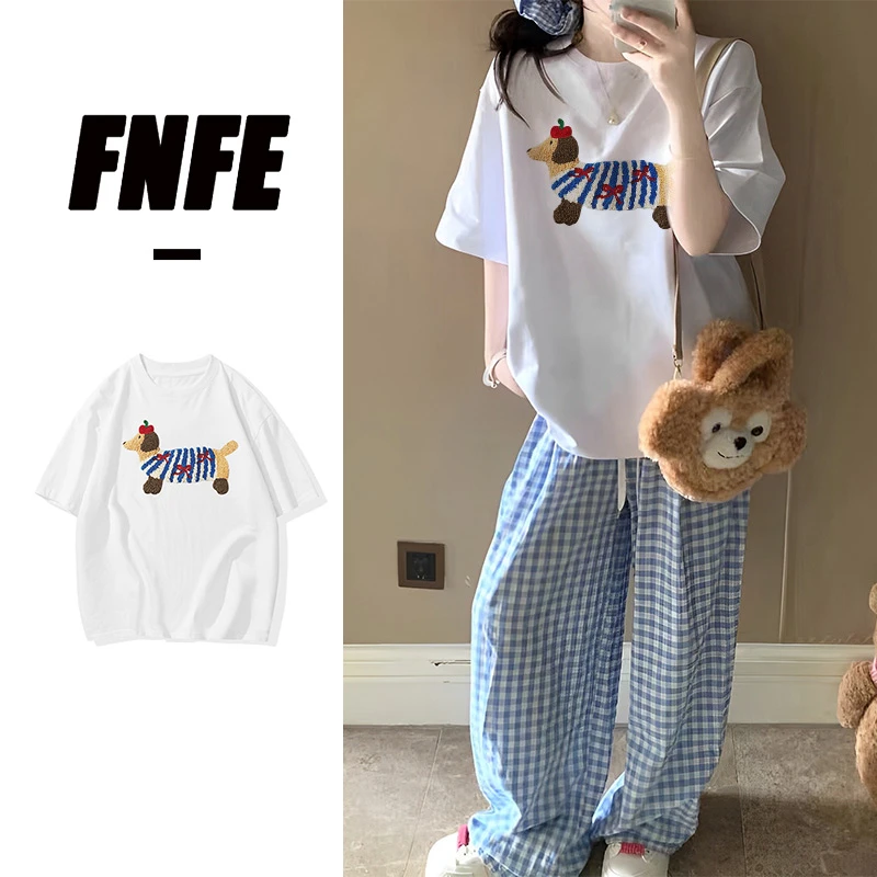 FNFE纯棉240克印花款腊肠狗宽松版港风夏季短袖t恤韩版潮ins圆领