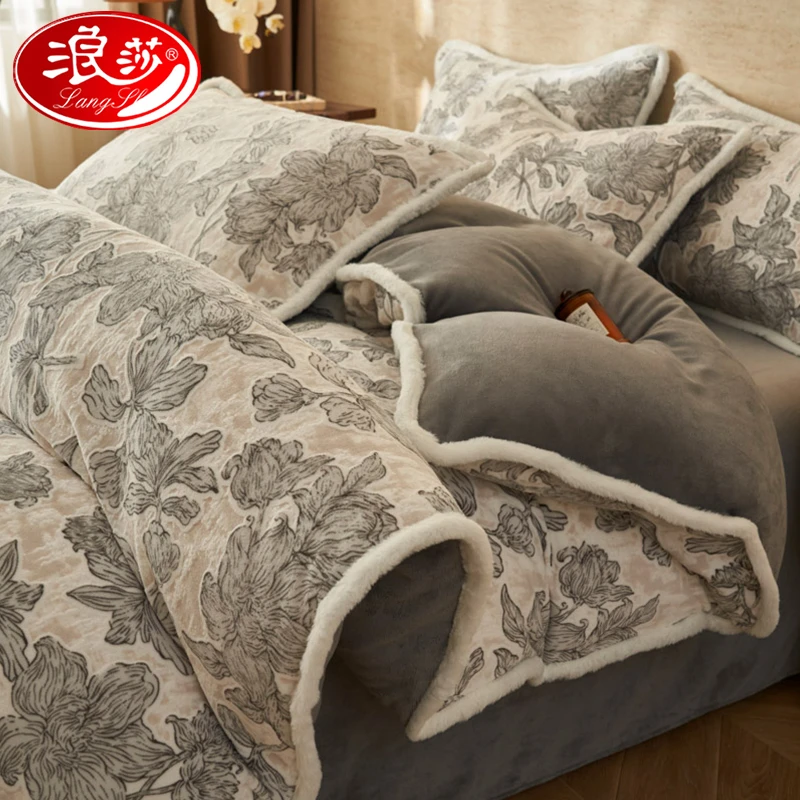 浪莎公主风加厚雕花牛奶绒四件套韩式花边双面珊瑚绒被套法兰加绒
