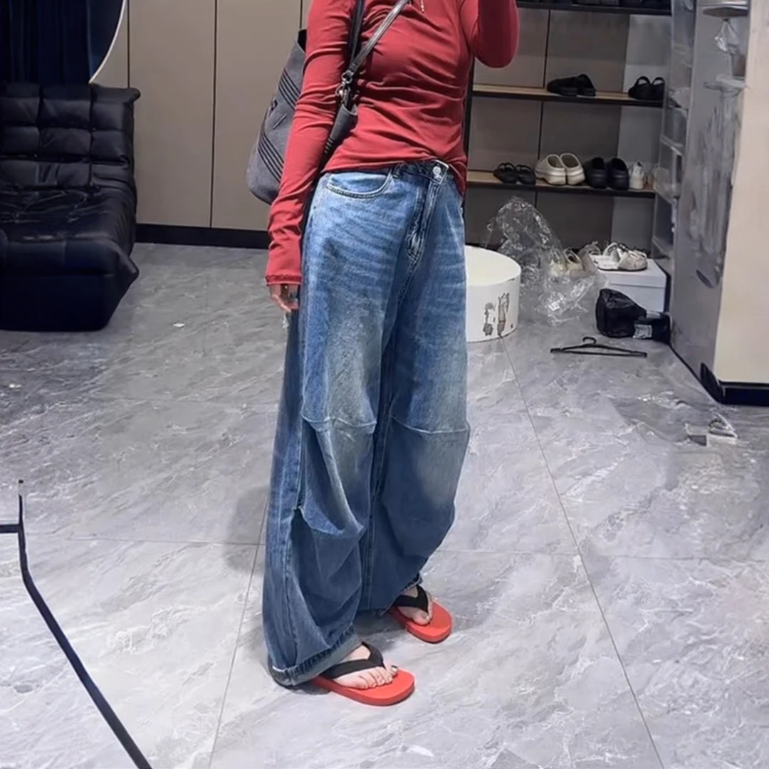 美式设计感捏褶阔腿牛仔裤女2025秋季新款高腰宽松显瘦直筒拖地裤