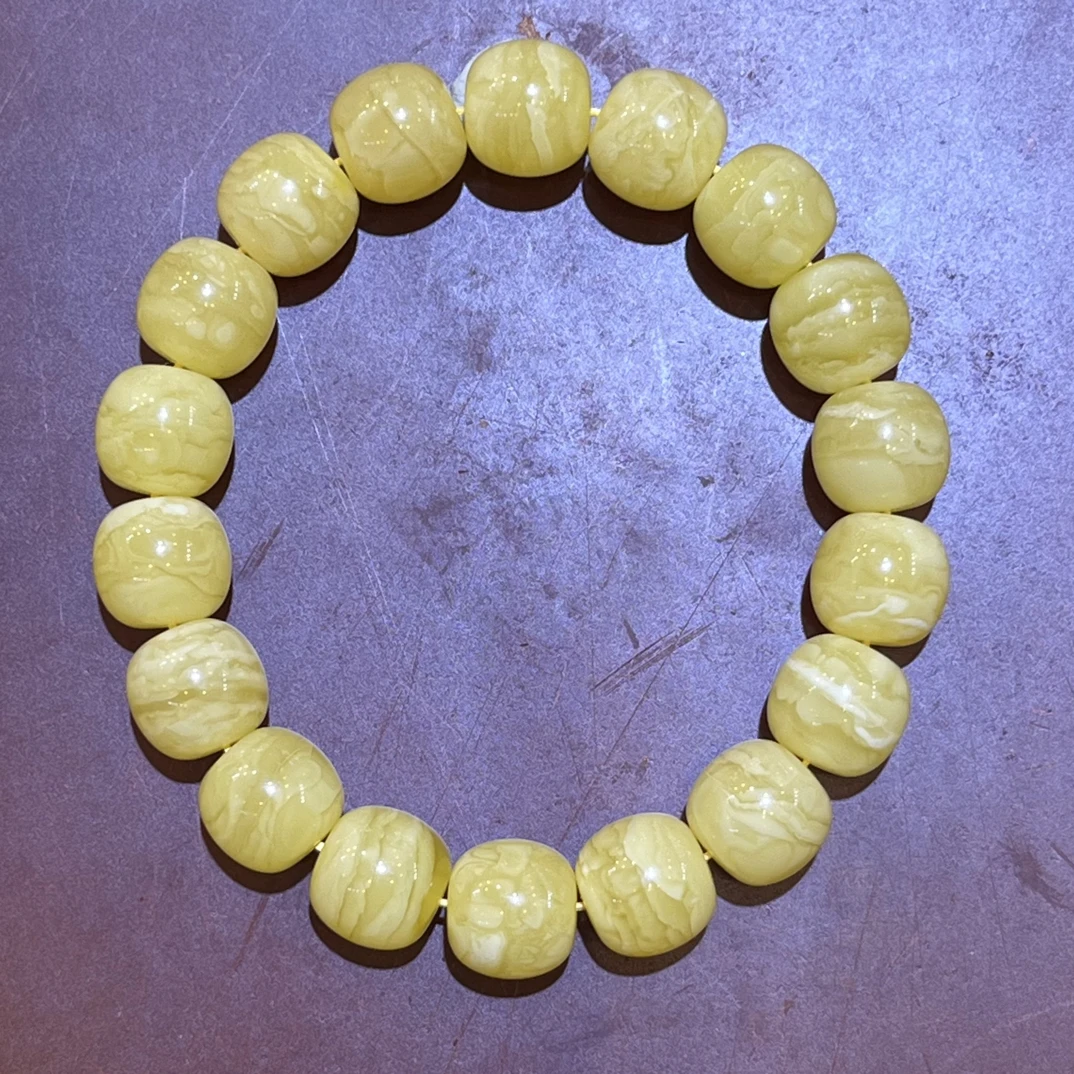 琥珀白花蜜蜡虎皮纹精工老型手串，12m，18.45g，天然原矿保真