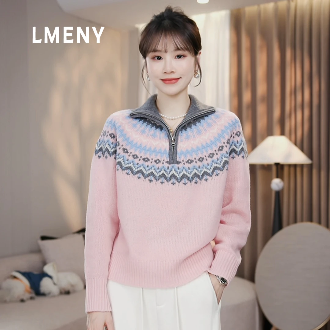 LMENY“达芬奇”100羊毛无缝一体~半开拉链费尔岛提花毛衣25DM048
