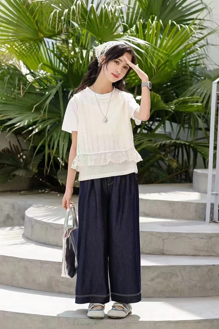 女童蕾丝花边套装甜美淑女短袖背心阔腿裤夏季出游穿搭