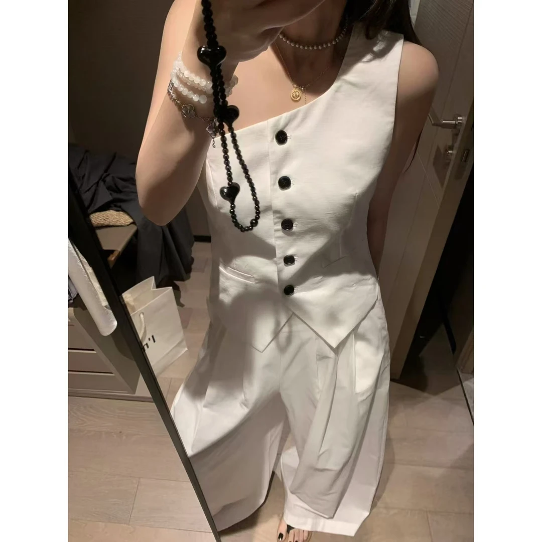 SP 斜肩亚麻西装马甲背心女夏季新款时髦高级感叠穿上衣斜肩上衣