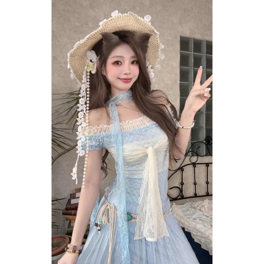 ｛冰岛鲸歌｝一字肩网纱上衣女淡蓝色T恤夏季薄款 蕾丝拼接显瘦通勤