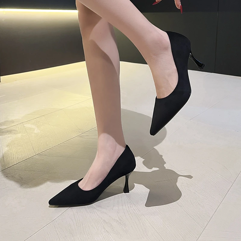 浅口高跟鞋尖头细跟黑色性感气质职业百搭法式久穿不累脚鞋子