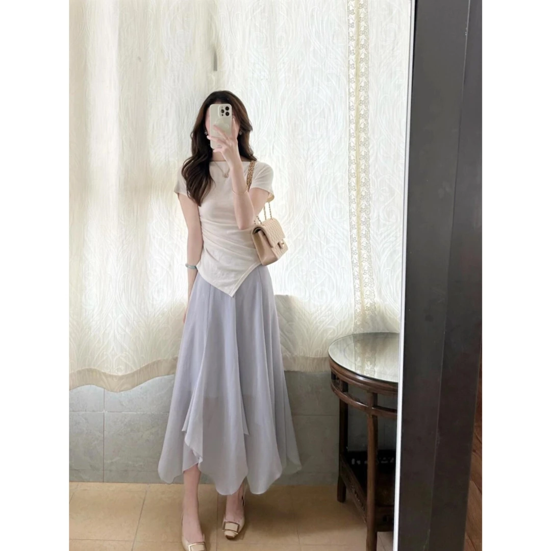 夏季新款一字肩露肩不规则短袖T恤+不规则下摆半身裙温柔风两件套