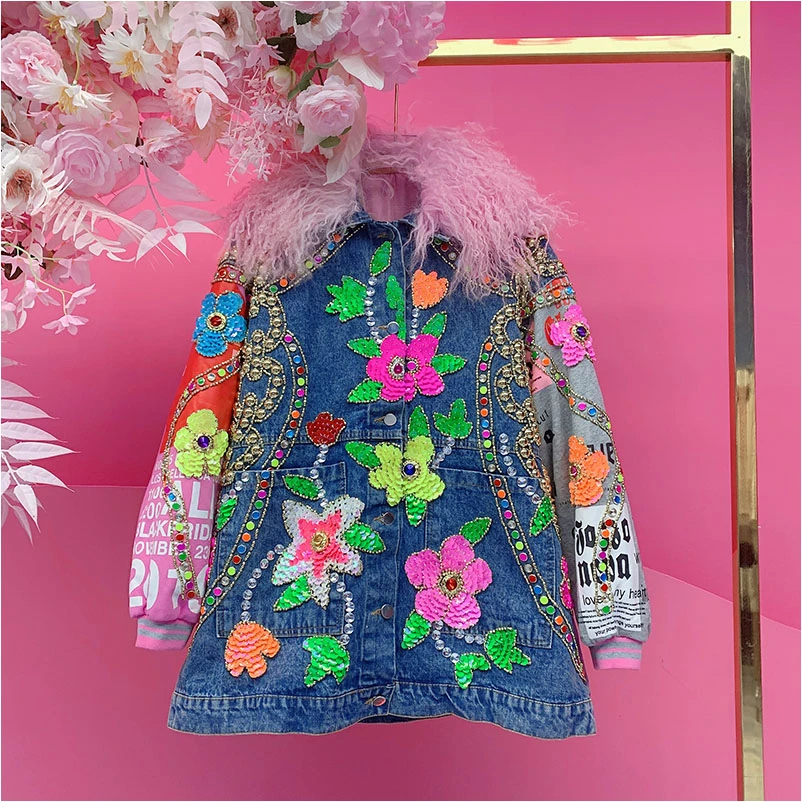 QD1739欧美设计师2025冬季新款钉钻花卷羊毛领内里兔毛牛仔派克服