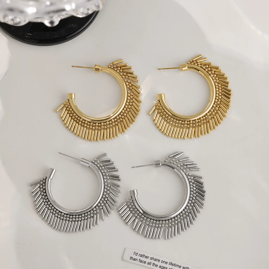 铜合金耳饰 镀18K金「灵犀」C形流苏耳环 气质时尚复古个性素款民族