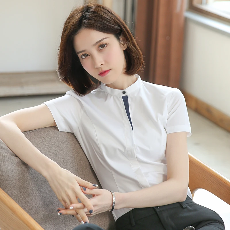 eleplato立领女士白衬衫短袖新款职业正装显瘦工装白色衬衫