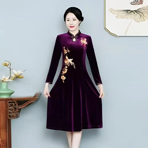 丝绒亮片绣花旗袍连衣裙600681