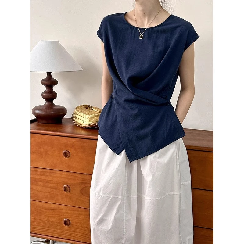 藏青色无领小飞袖亚麻衬衣女款不规则交叉斜扣背心老钱风时尚上衣