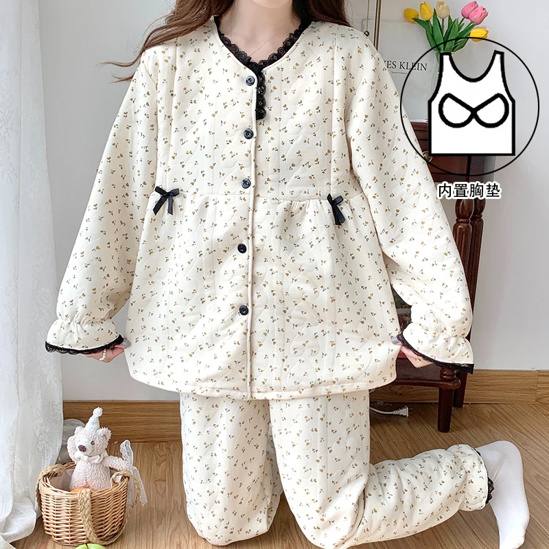 【秋冬-空气棉】月子服秋季产后纯棉夹层睡衣女哺乳喂奶孕妇家居服