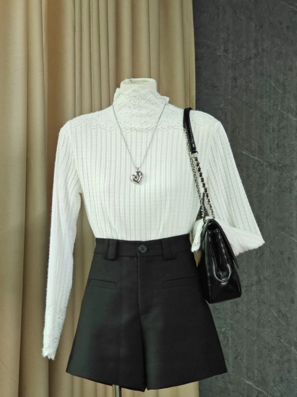 镂空甜美蕾丝洋气百搭修身显瘦半高领内搭上衣 8527