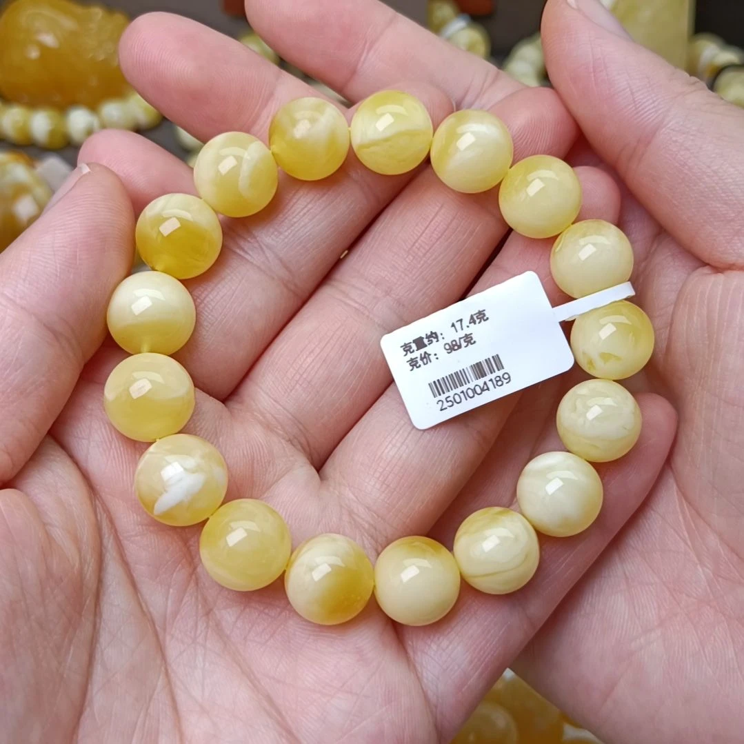 未镶嵌蜜蜡手链12圆珠金白聚宝盆