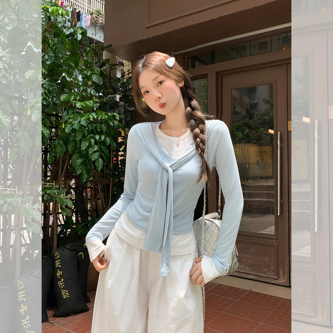 正肩蓝色假两件带披肩胖mm纽扣门筒拼接长袖修身上衣女MM显瘦打底