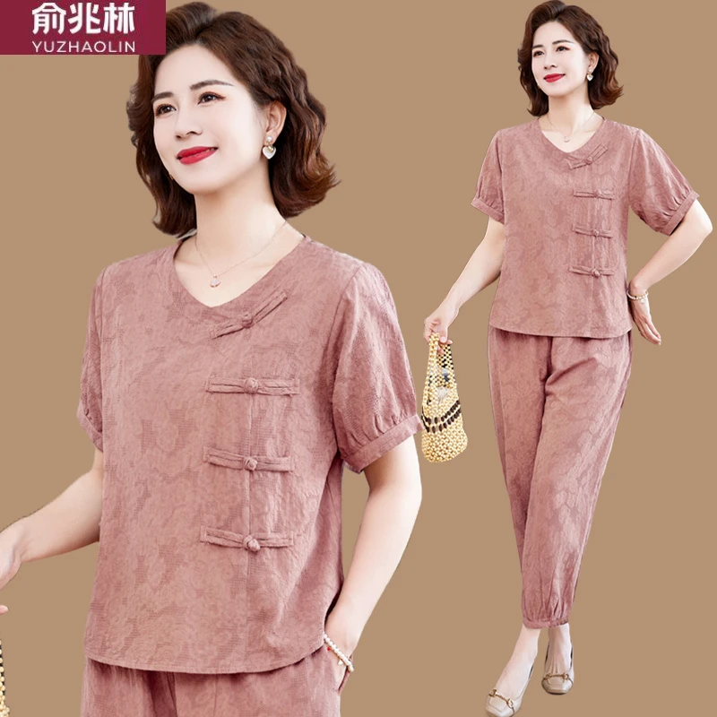 俞兆林妈妈新中式小衫套装2025夏季新款中老年女士宽松恤上衣服两