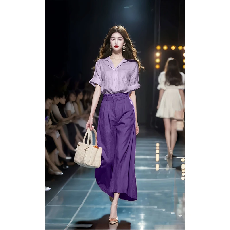 小香风夏装气质穿搭一整套洋气时尚轻奢女人味紫色衬衫休闲裤套装