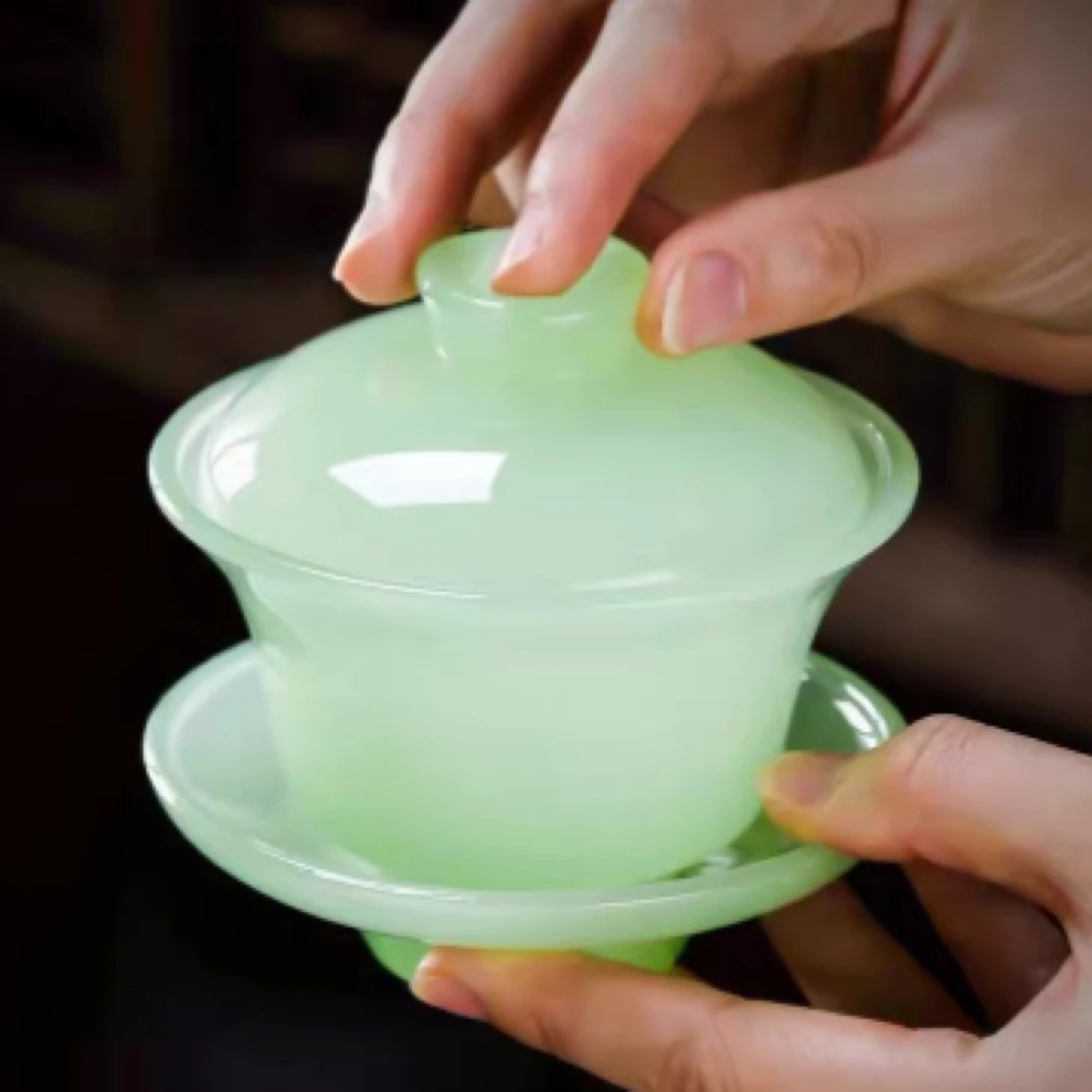 德艺 F432琉璃玉瓷浅绿色三才盖碗约160ml简约防烫高档带盖耐热